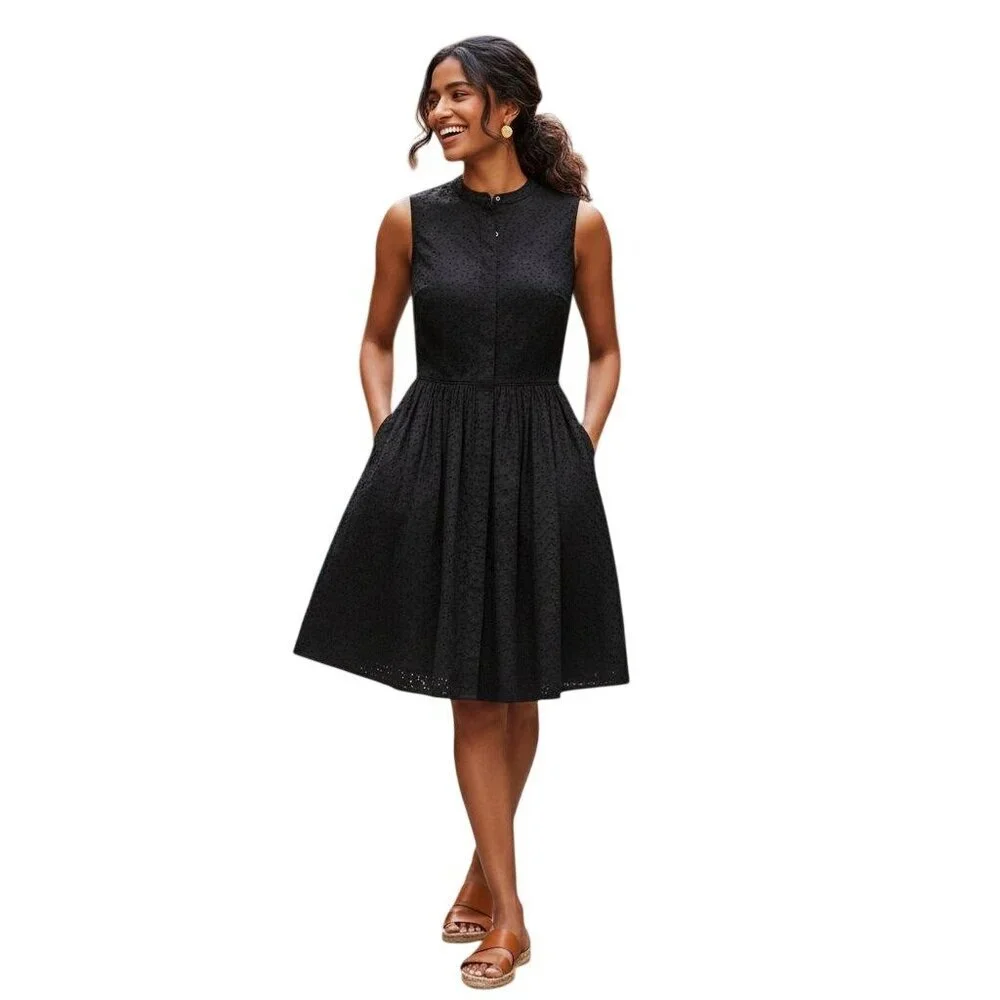 J. By j.Crew Black Eyelet Lace Sleeveless Dress Pockets Cotton Size 8